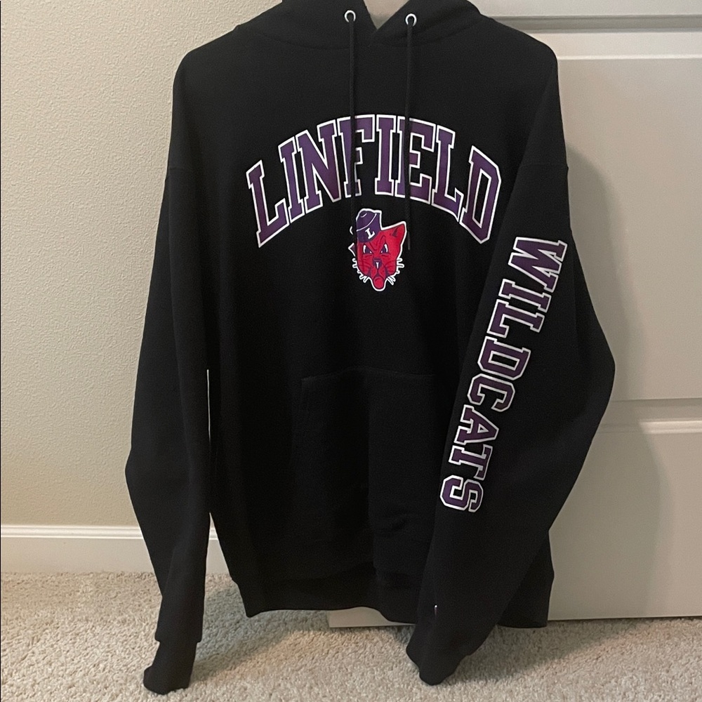 Champion Black Hoodie with Purple and Red Accents